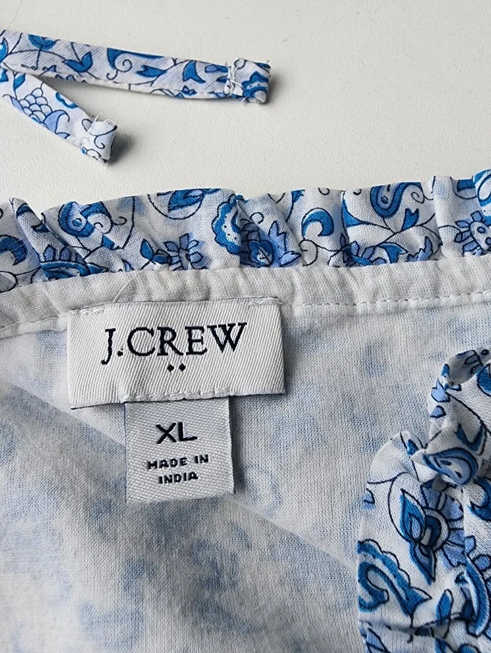 J. Crew Blue White Mixed Print Tiered Cotton Maxi Dress Paisley Striped Tie XL